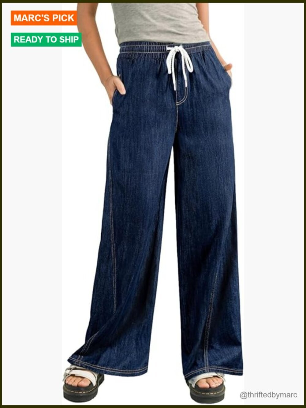 Wide Leg Baggy Jeans High Waisted Elastic Drawstring Loose Fit Denim Pants